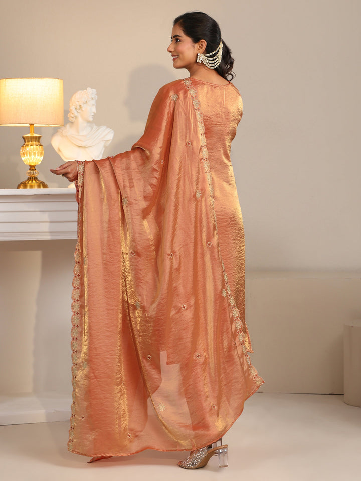 Libas Rust Embroidered Organza Straight Suit Set