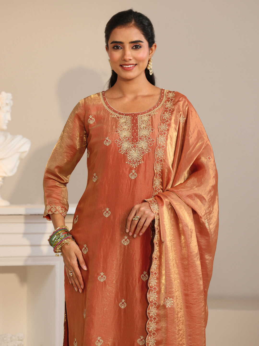 Libas Rust Embroidered Organza Straight Suit Set