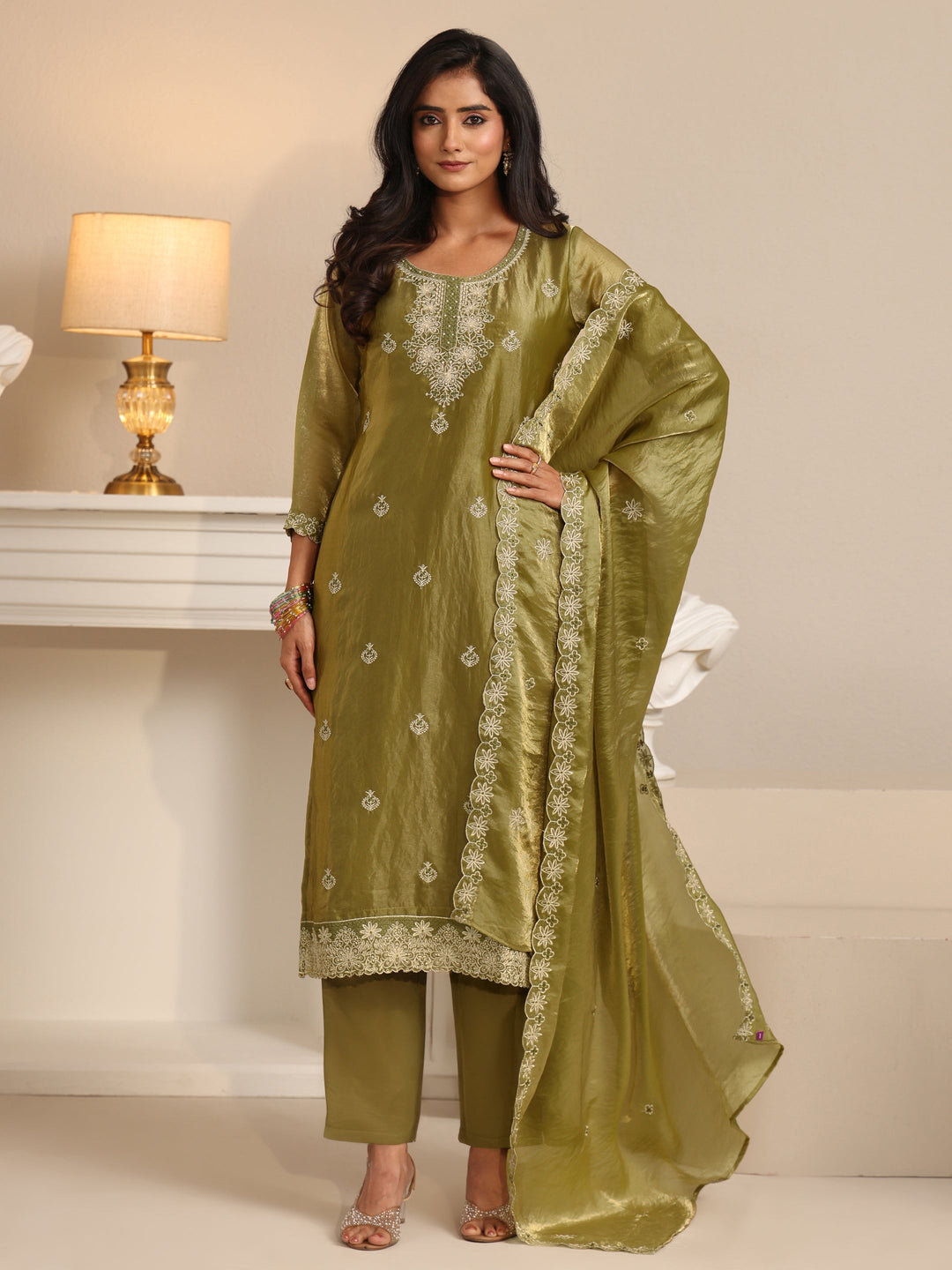 Libas Henna Green Ethnic Embroidered Organza Straight Suit Set