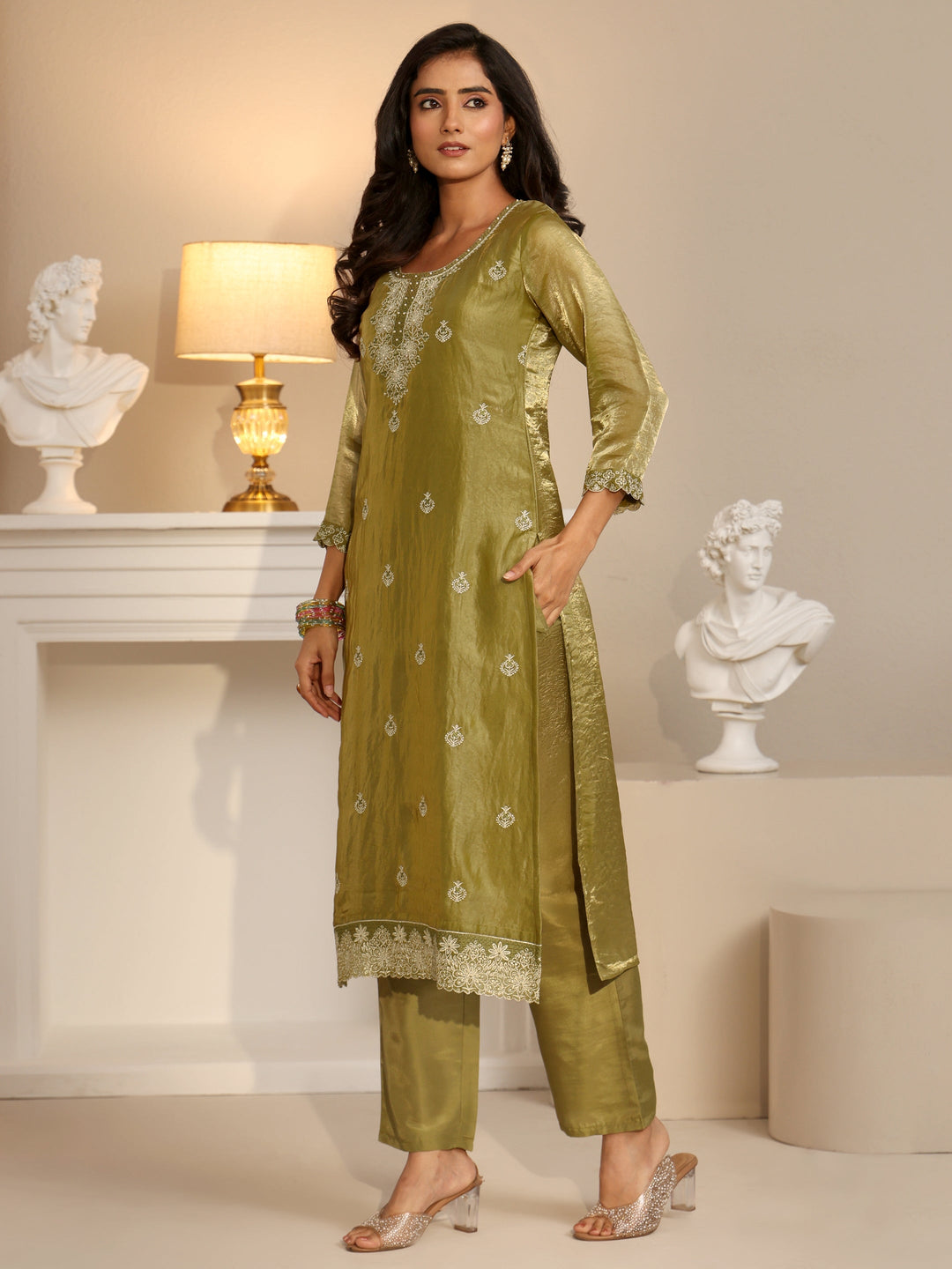 Libas Henna Green Ethnic Embroidered Organza Straight Suit Set