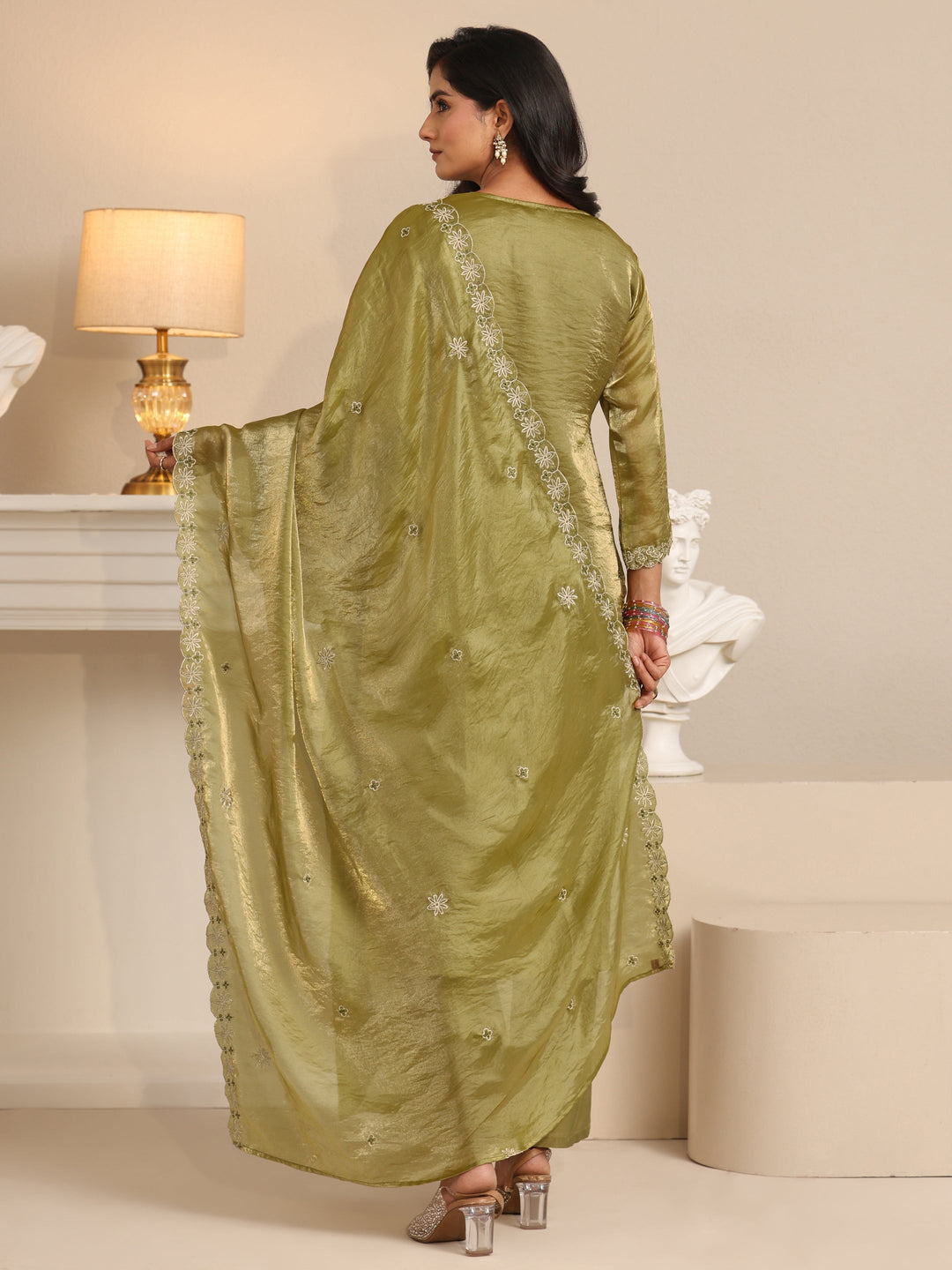 Libas Henna Green Ethnic Embroidered Organza Straight Suit Set