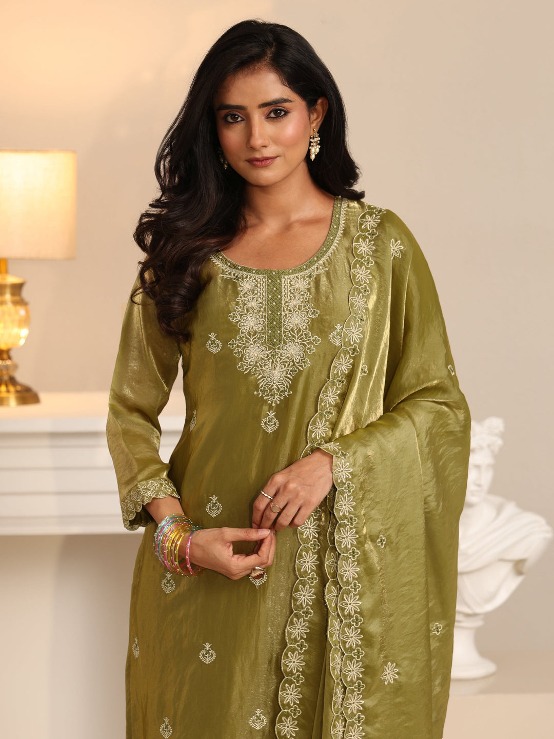 Libas Henna Green Ethnic Embroidered Organza Straight Suit Set