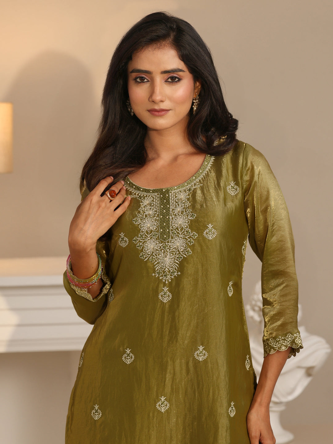Libas Henna Green Ethnic Embroidered Organza Straight Suit Set