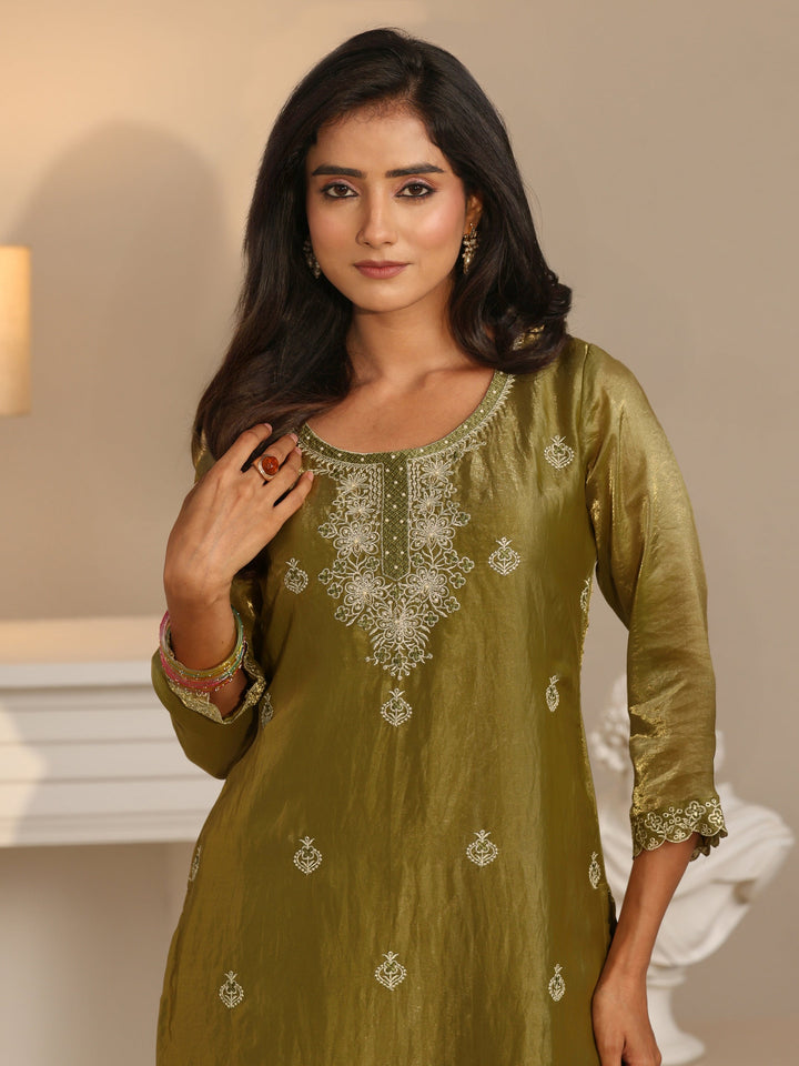 Libas Henna Green Ethnic Embroidered Organza Straight Suit Set