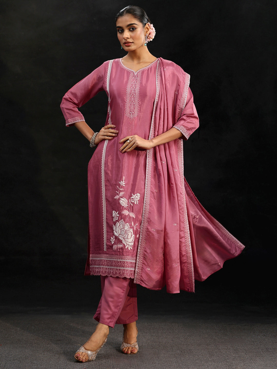 Libas Pink Floral Embroidered Organza Straight Suit Set