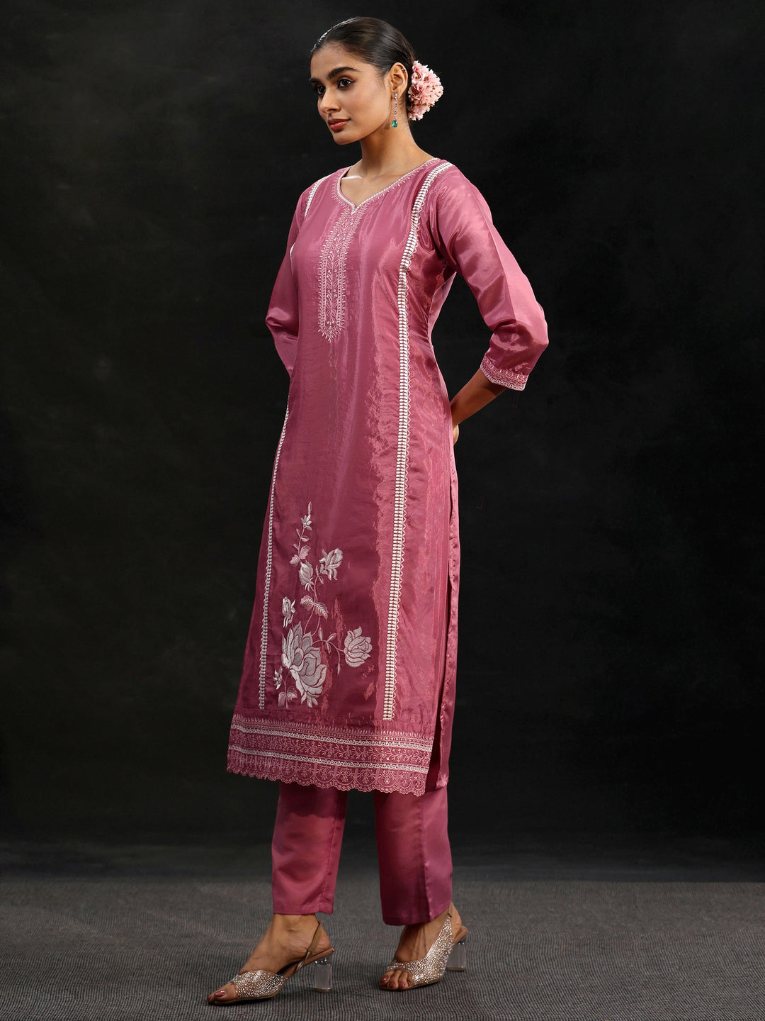 Libas Pink Floral Embroidered Organza Straight Suit Set