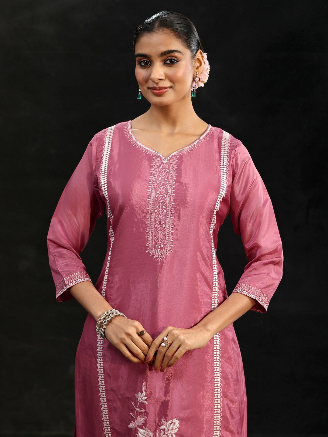 Libas Pink Floral Embroidered Organza Straight Suit Set