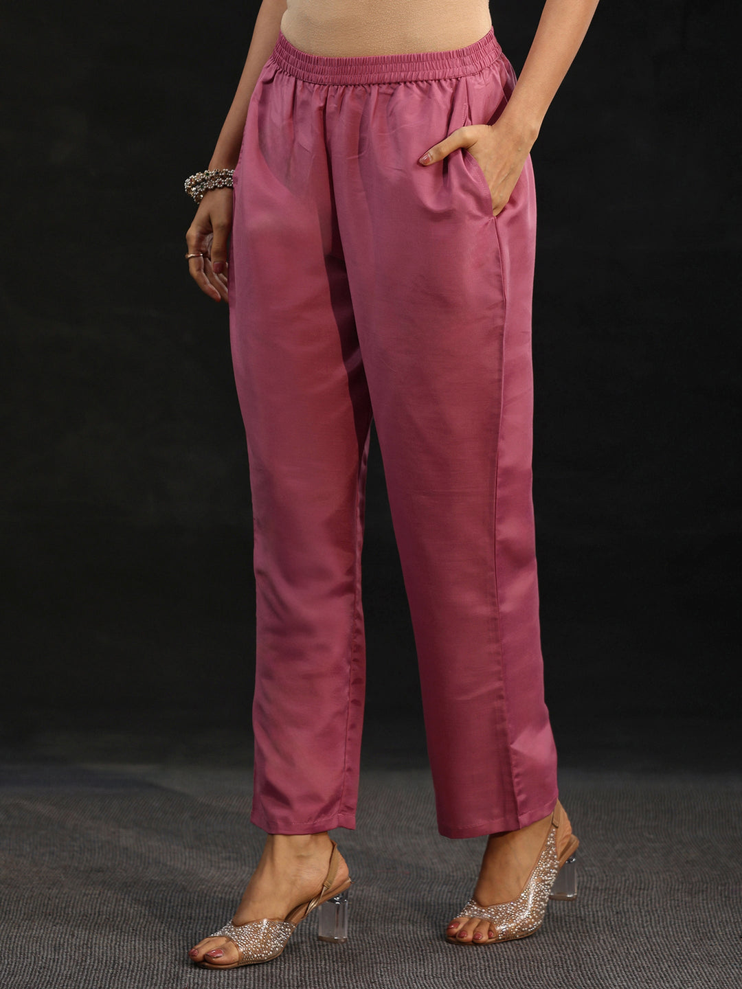 Libas Pink Floral Embroidered Organza Straight Suit Set