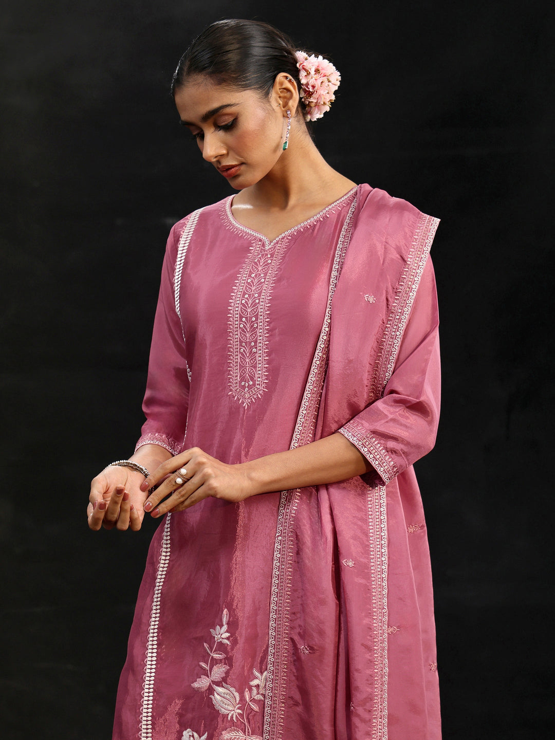 Libas Pink Floral Embroidered Organza Straight Suit Set