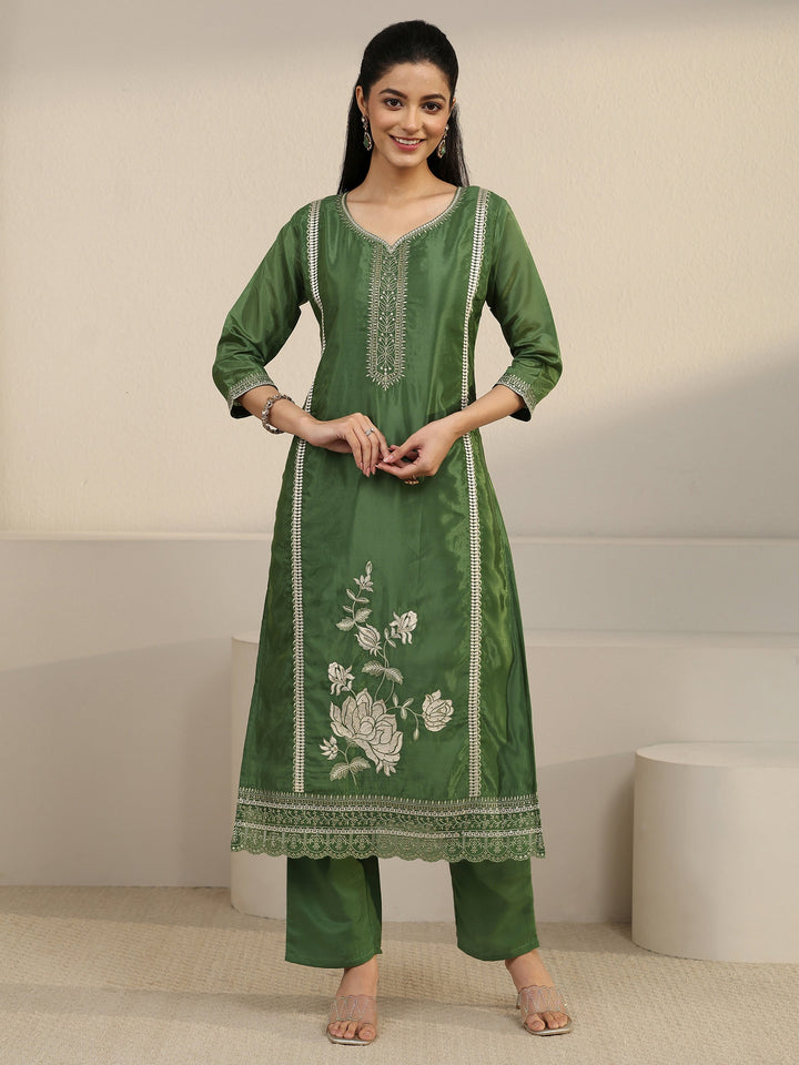 Libas Forest Green Floral Embroidered Organza Straight Suit Set