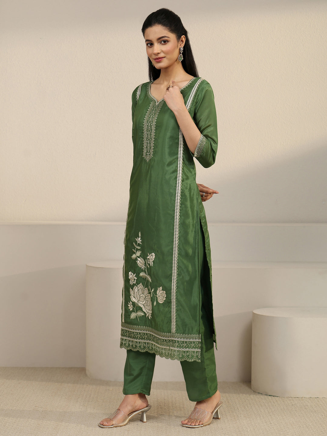 Libas Forest Green Floral Embroidered Organza Straight Suit Set