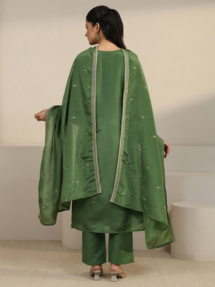 Libas Forest Green Floral Embroidered Organza Straight Suit Set