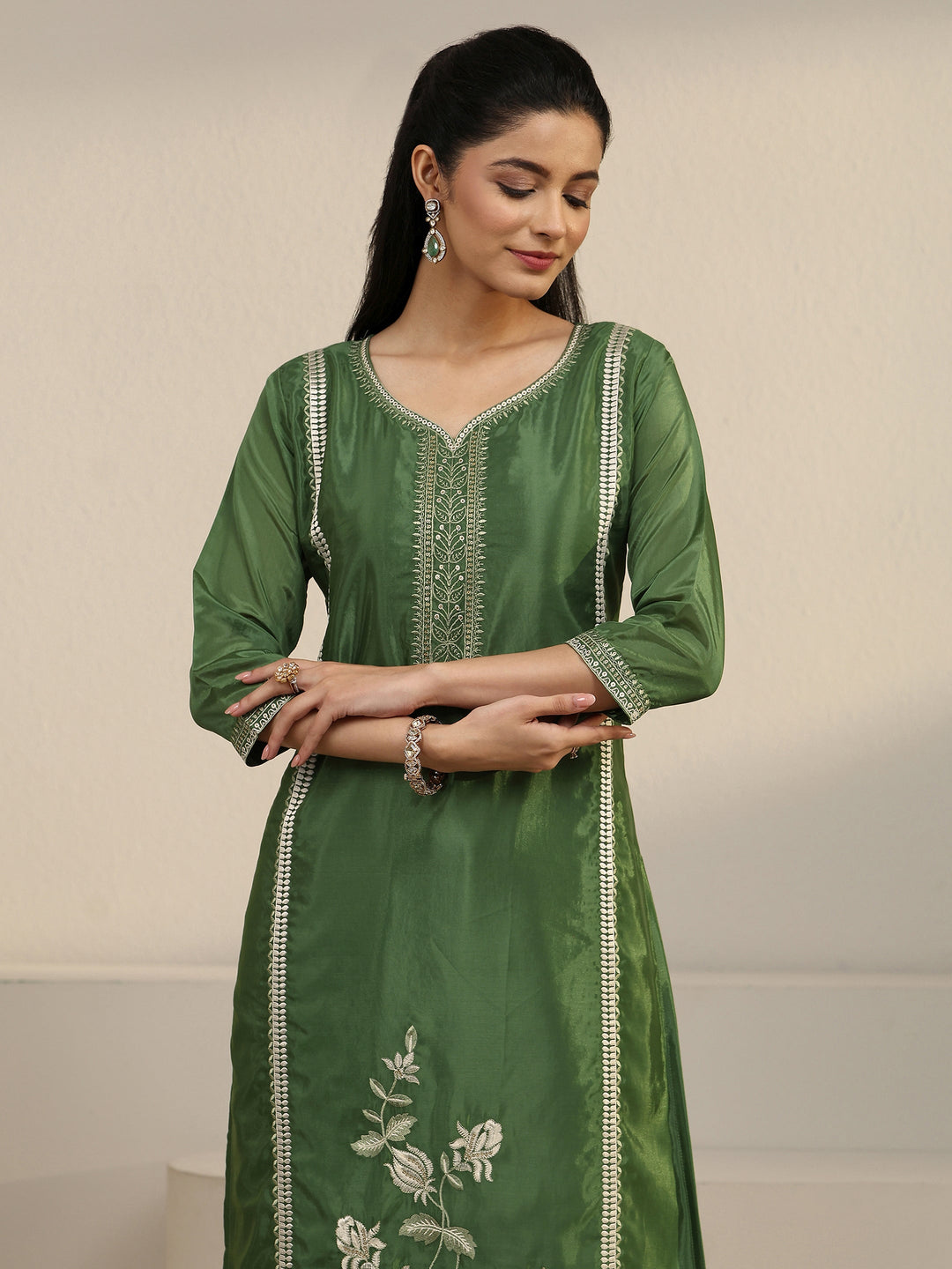 Libas Forest Green Floral Embroidered Organza Straight Suit Set