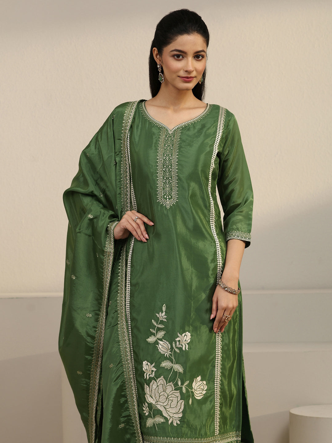 Libas Forest Green Floral Embroidered Organza Straight Suit Set