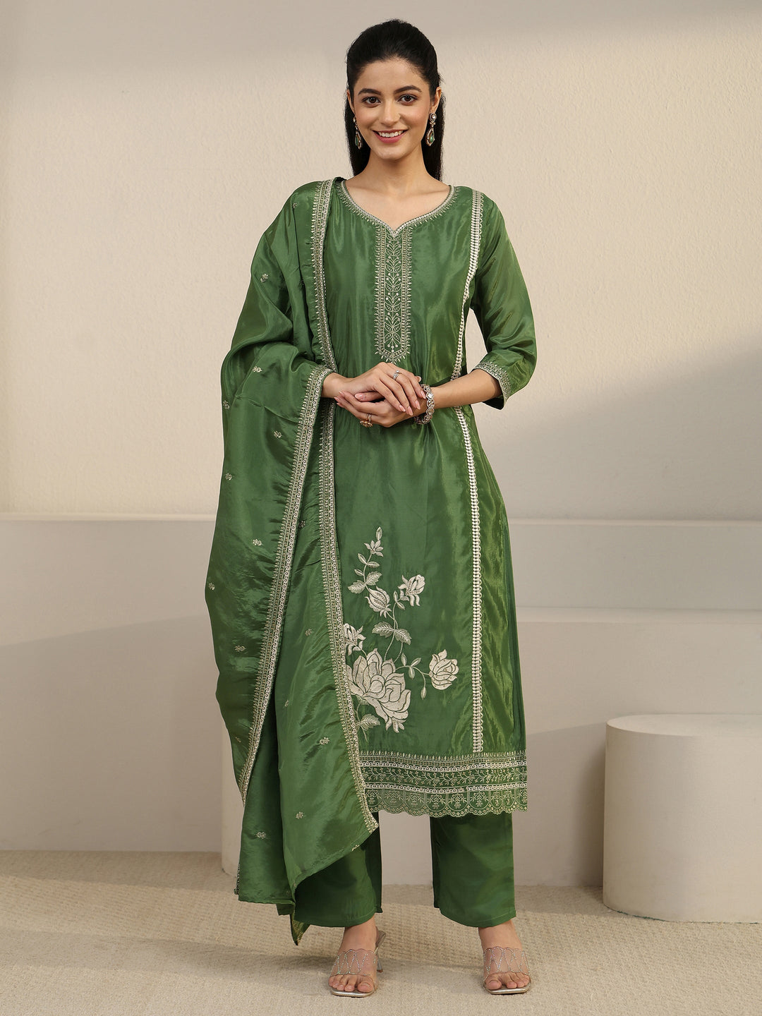 Libas Forest Green Floral Embroidered Organza Straight Suit Set