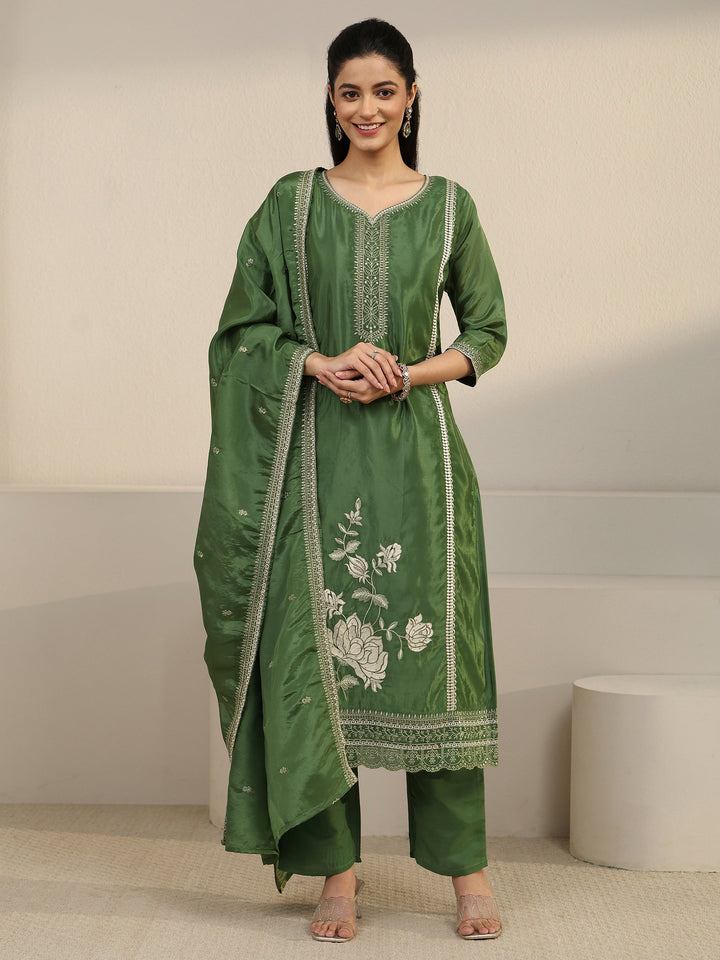 Libas Forest Green Floral Embroidered Organza Straight Suit Set