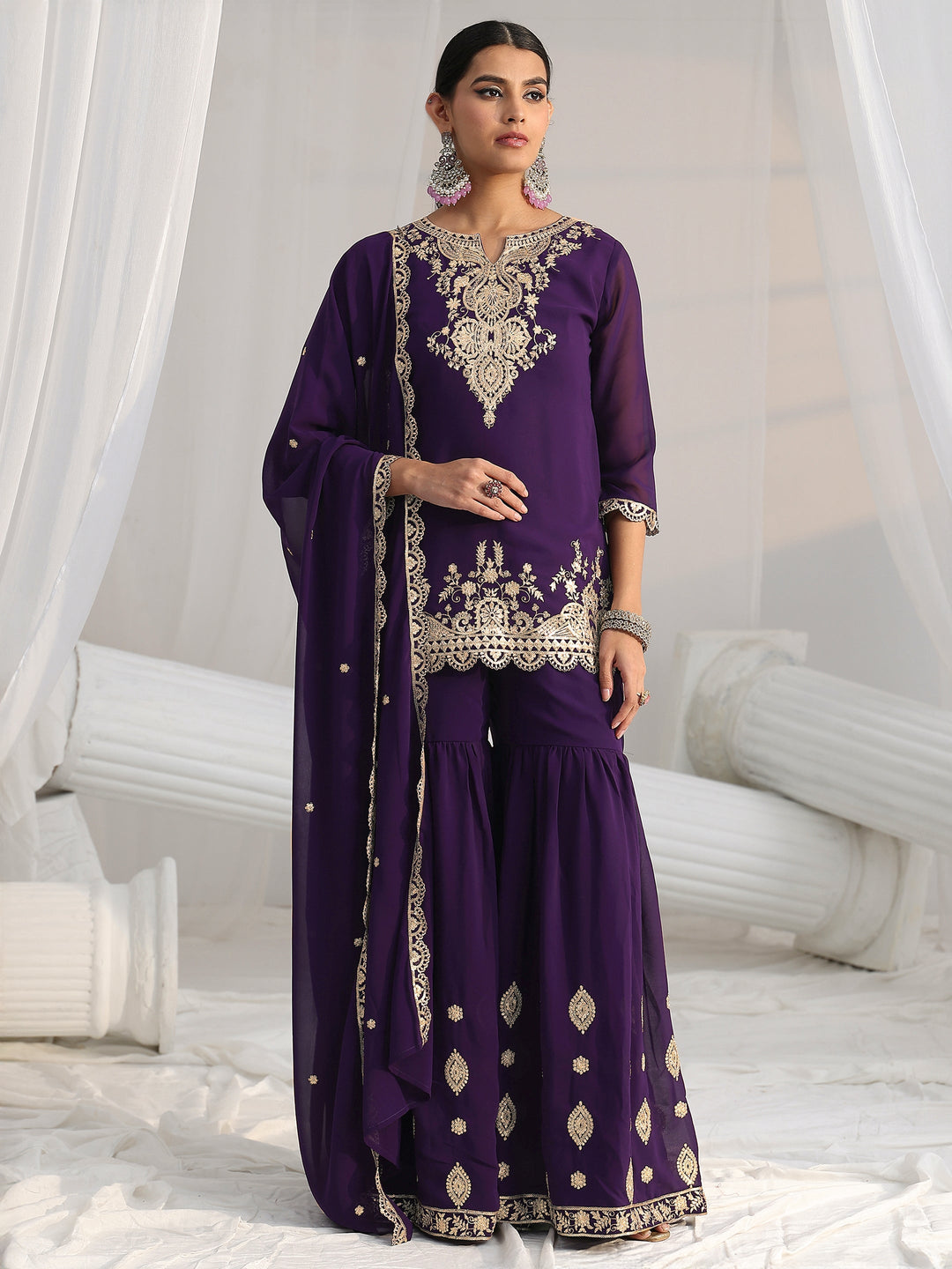 Libas Imperial Purple Ethnic Embroidered Sharara Suit Set