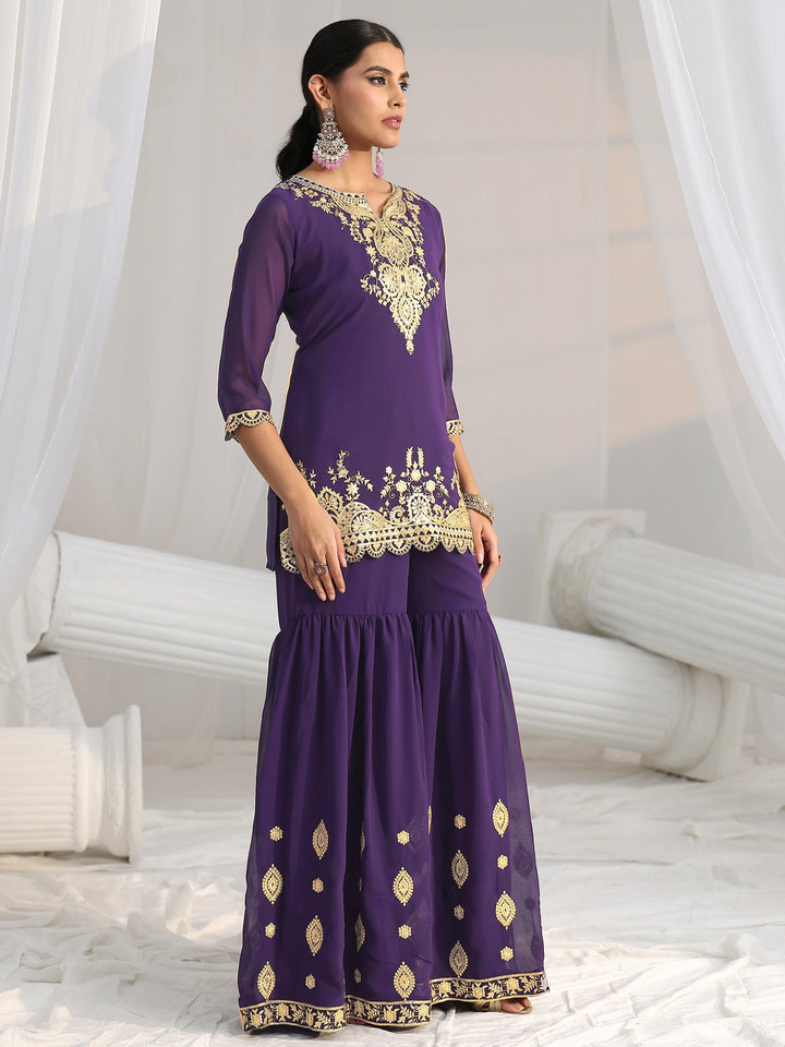 Libas Imperial Purple Ethnic Embroidered Sharara Suit Set
