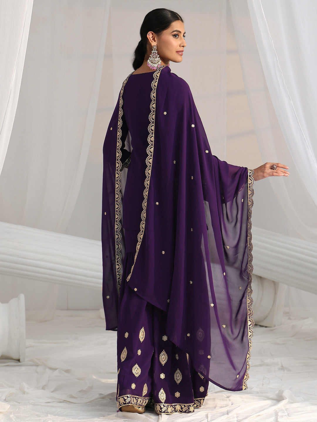Libas Imperial Purple Ethnic Embroidered Sharara Suit Set