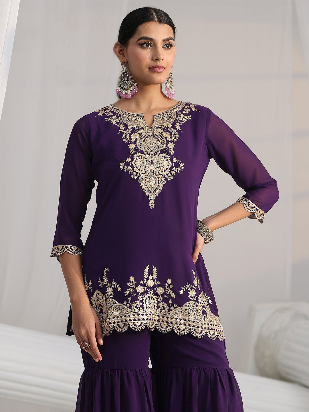 Libas Imperial Purple Ethnic Embroidered Sharara Suit Set