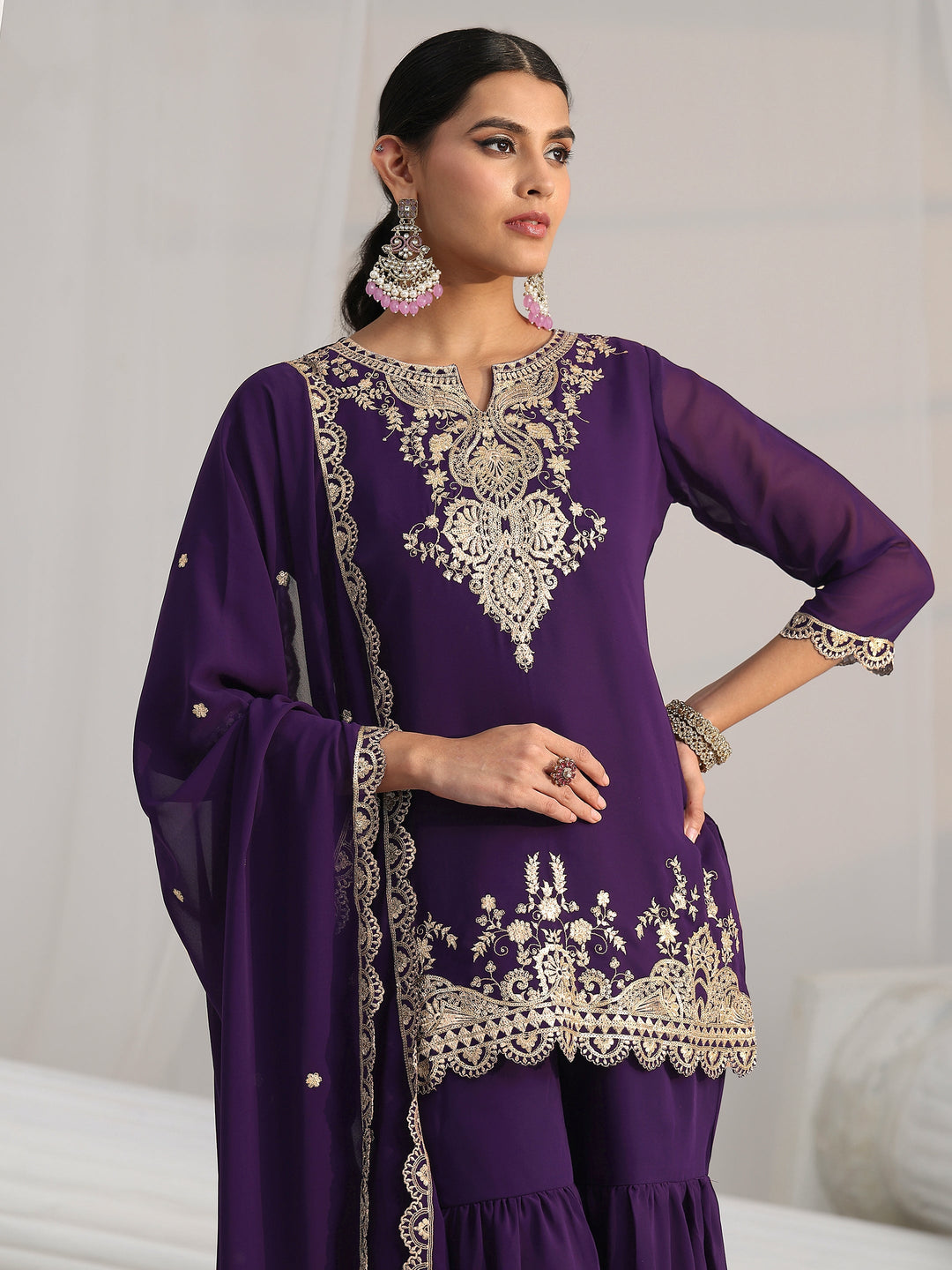 Libas Imperial Purple Ethnic Embroidered Sharara Suit Set