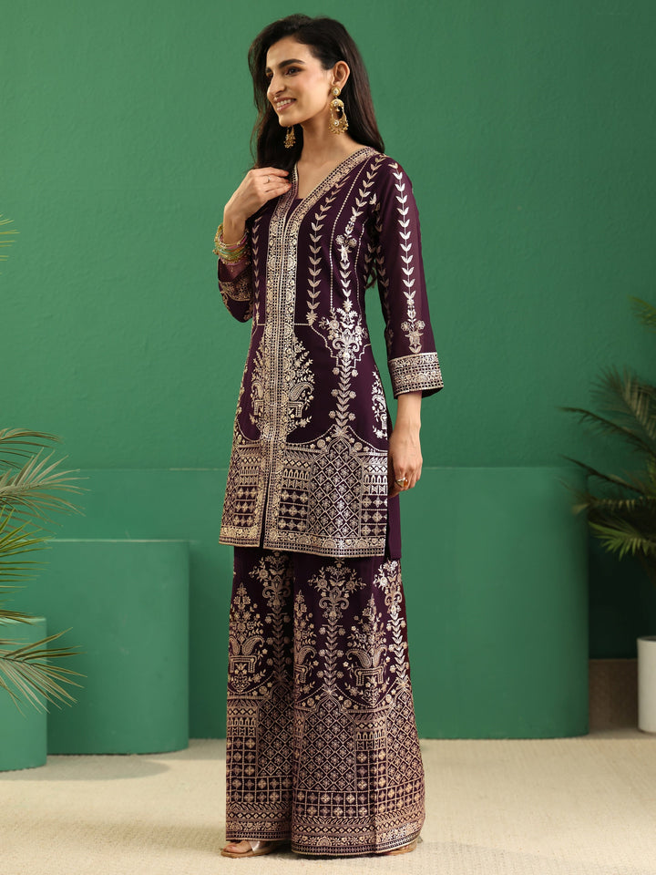 Libas Art Burgundy Embellished Georgette Palazzo Suit Set