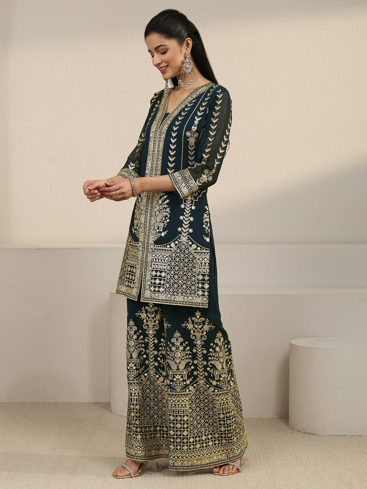 Libas Art Teal Green Zari Embroidered Georgette Palazzo Suit Set
