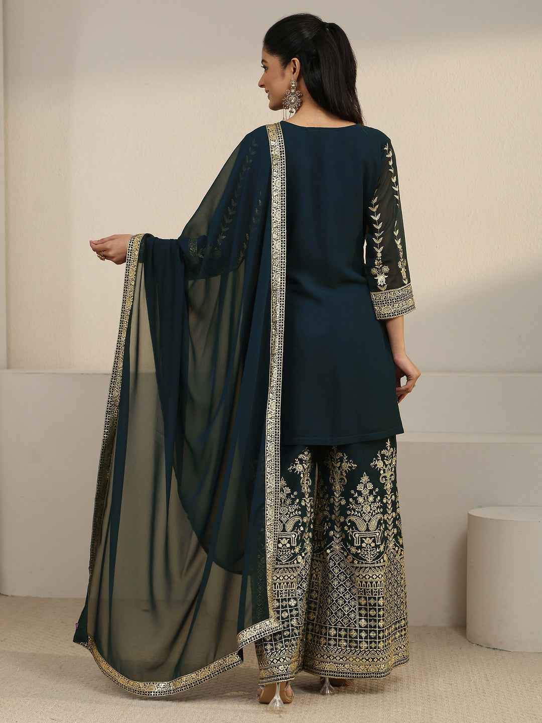 Libas Art Teal Green Zari Embroidered Georgette Palazzo Suit Set