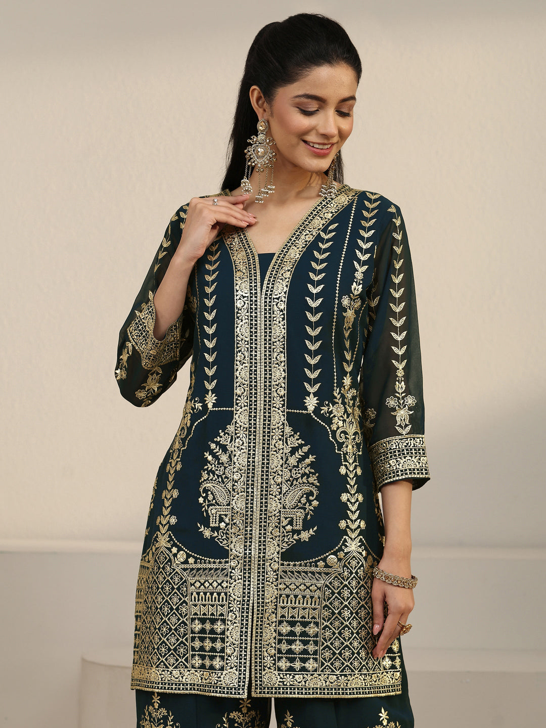 Libas Art Teal Green Zari Embroidered Georgette Palazzo Suit Set