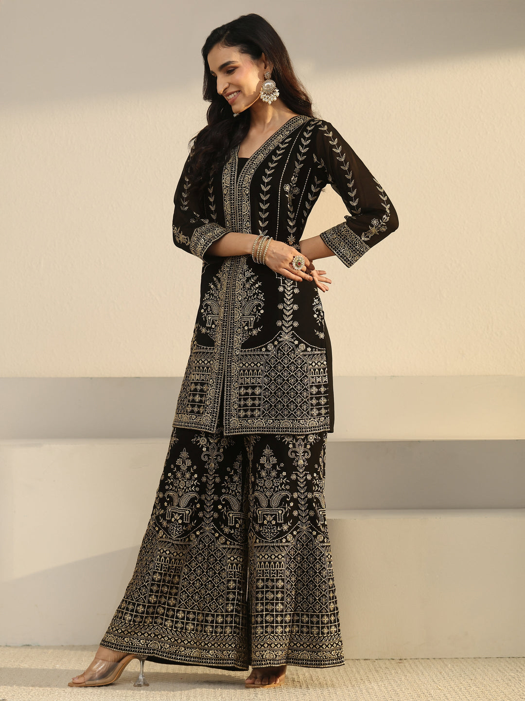 Libas Art Black Zari Embroidered Georgette Palazzo Suit Set