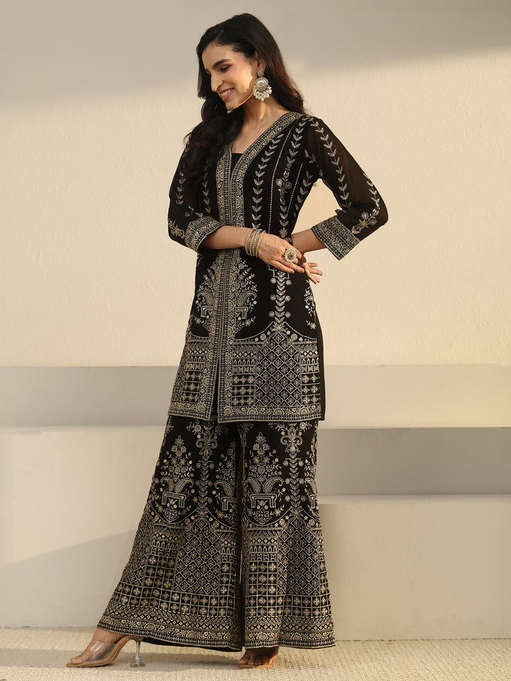 Libas Art Black Zari Embroidered Georgette Palazzo Suit Set