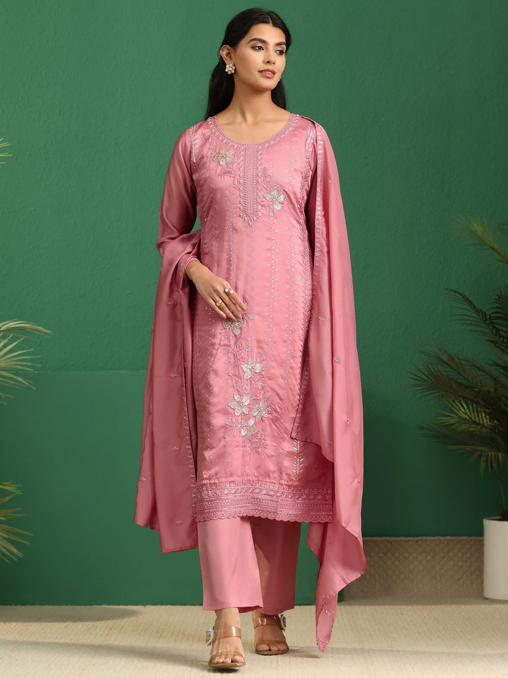 Libas Dusty Rose Pink Floral Embroidered Organza Straight Suit Set