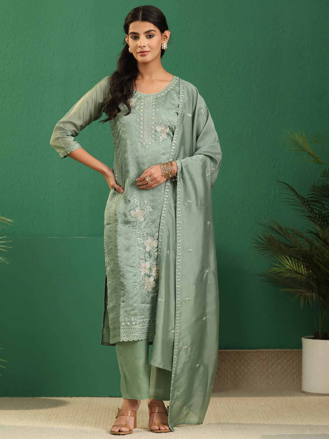 Libas Sage Green Floral Embroidered Organza Straight Suit Set