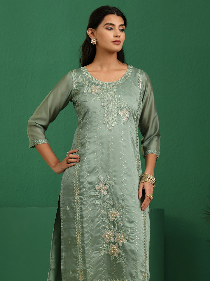 Libas Sage Green Floral Embroidered Organza Straight Suit Set