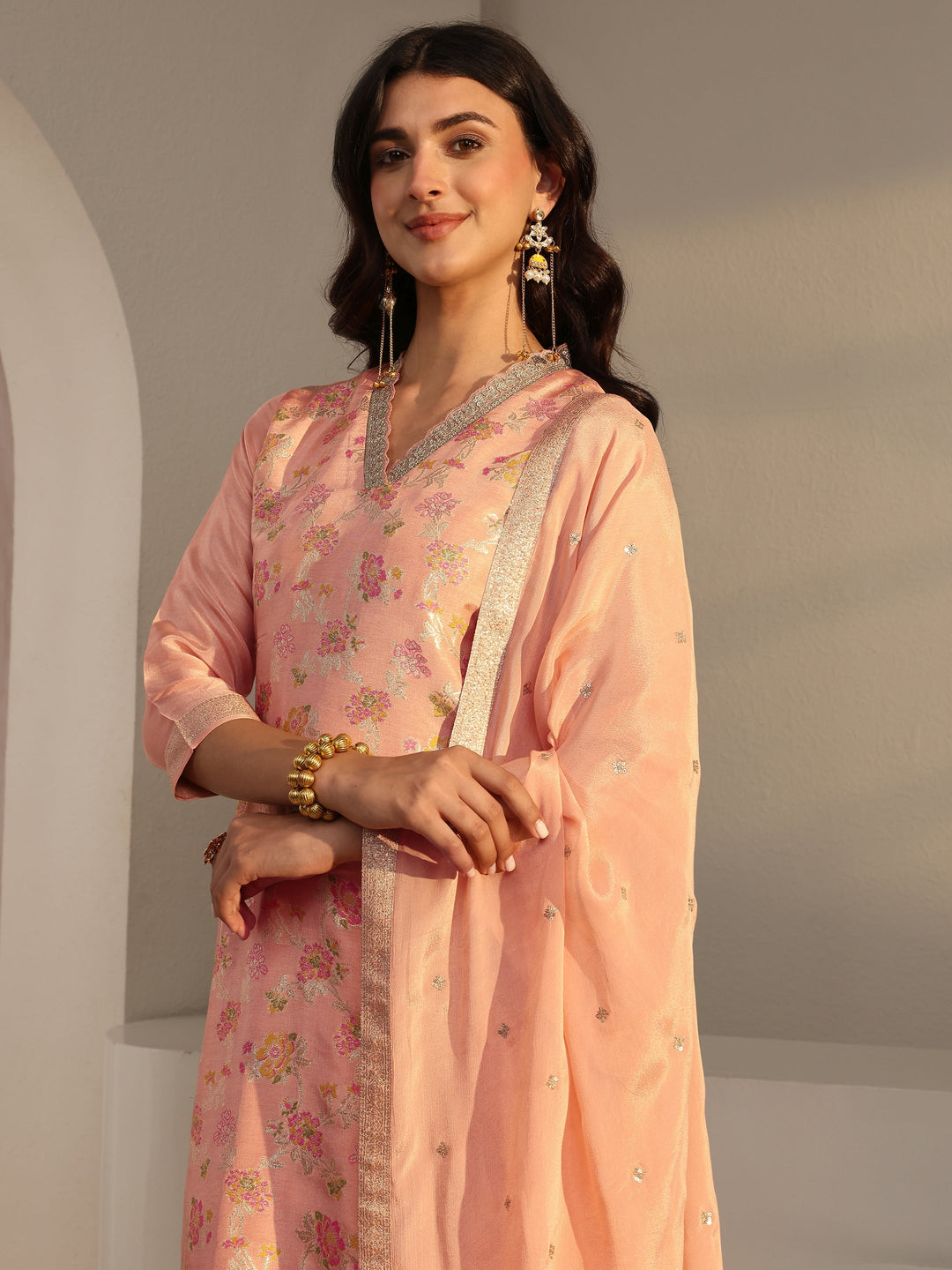 Peach Floral Woven Design Silk Blend Straight Suit Set With Dupatta