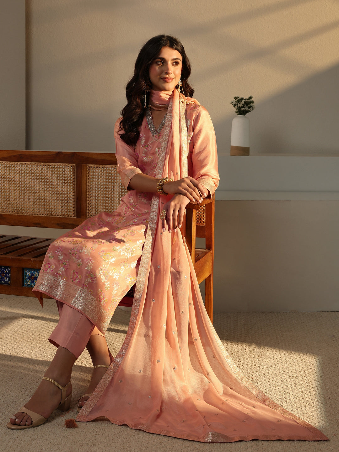 Peach Floral Woven Design Silk Blend Straight Suit Set With Dupatta