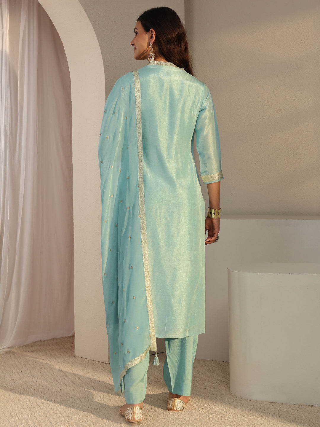 Blue Floral Woven Design Silk Blend Straight Suit Set With Dupatta