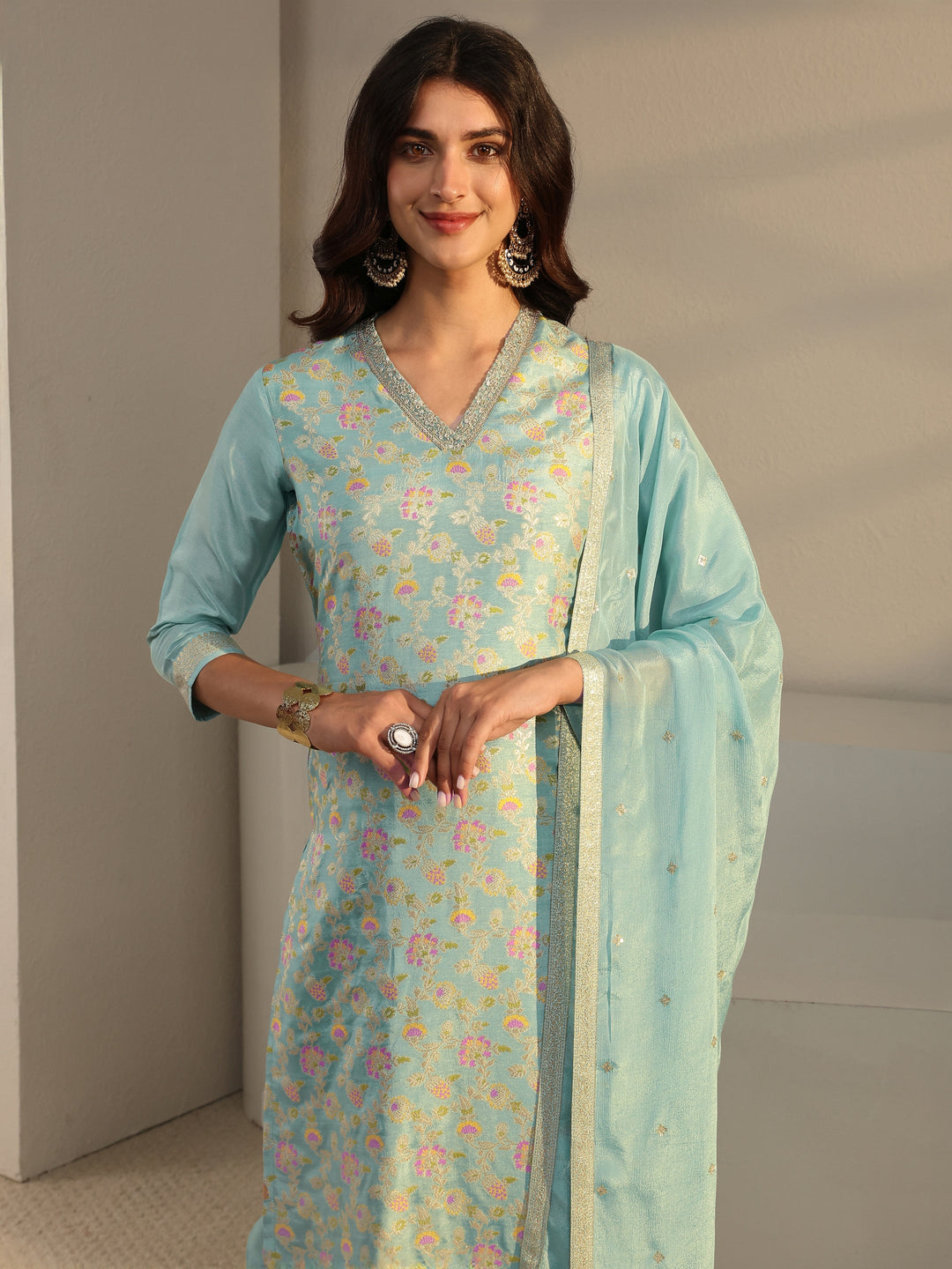 Blue Floral Woven Design Silk Blend Straight Suit Set With Dupatta