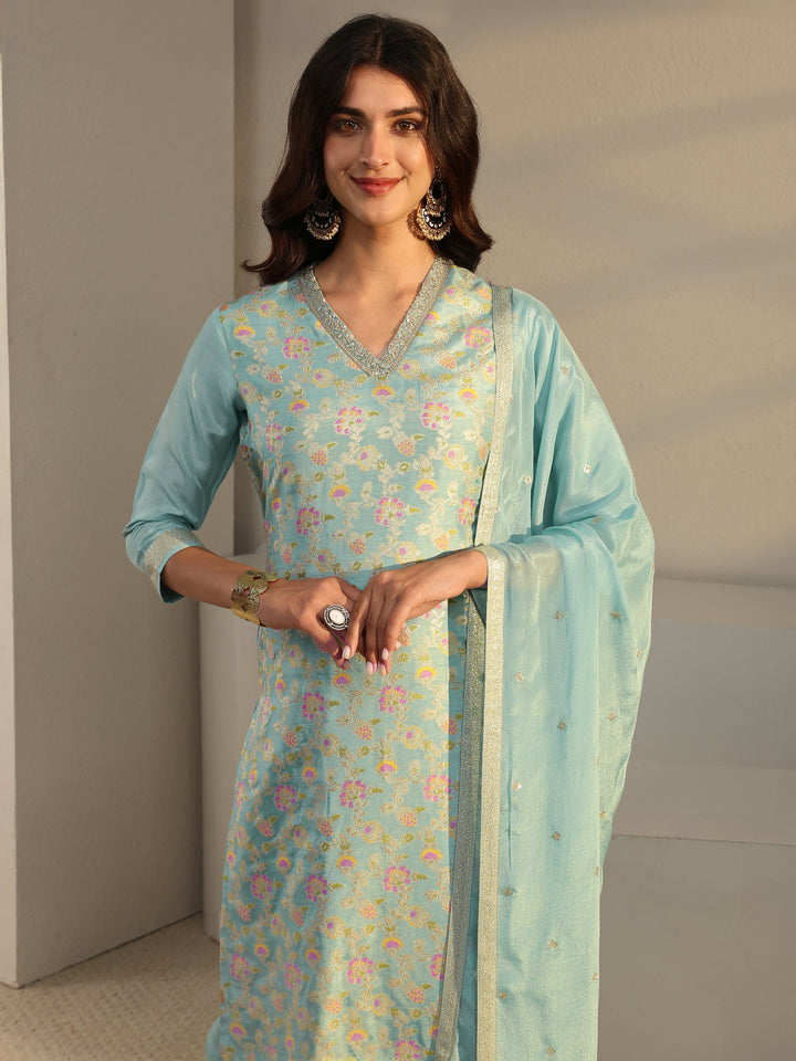 Blue Floral Woven Design Silk Blend Straight Suit Set With Dupatta