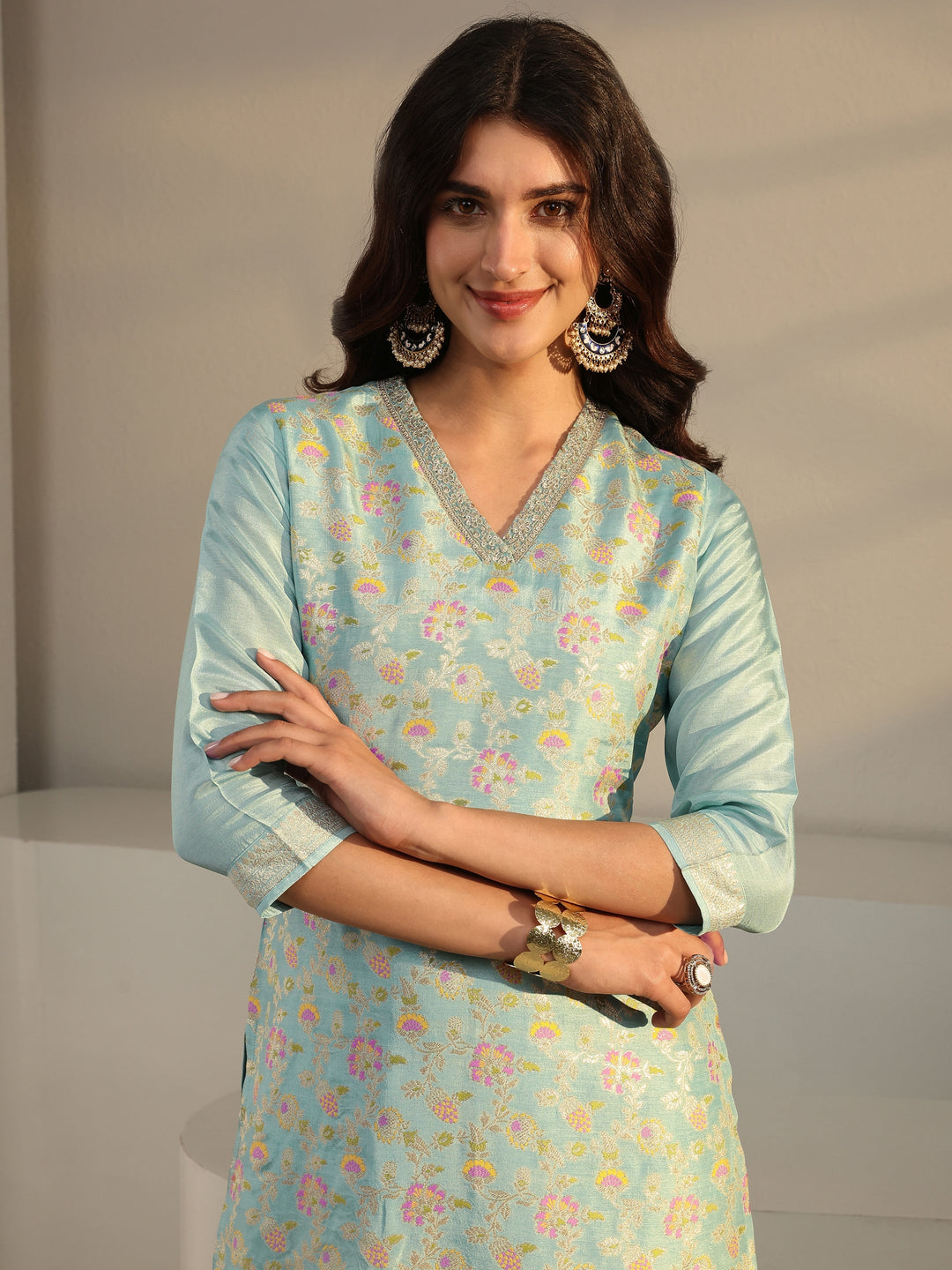 Blue Floral Woven Design Silk Blend Straight Suit Set With Dupatta