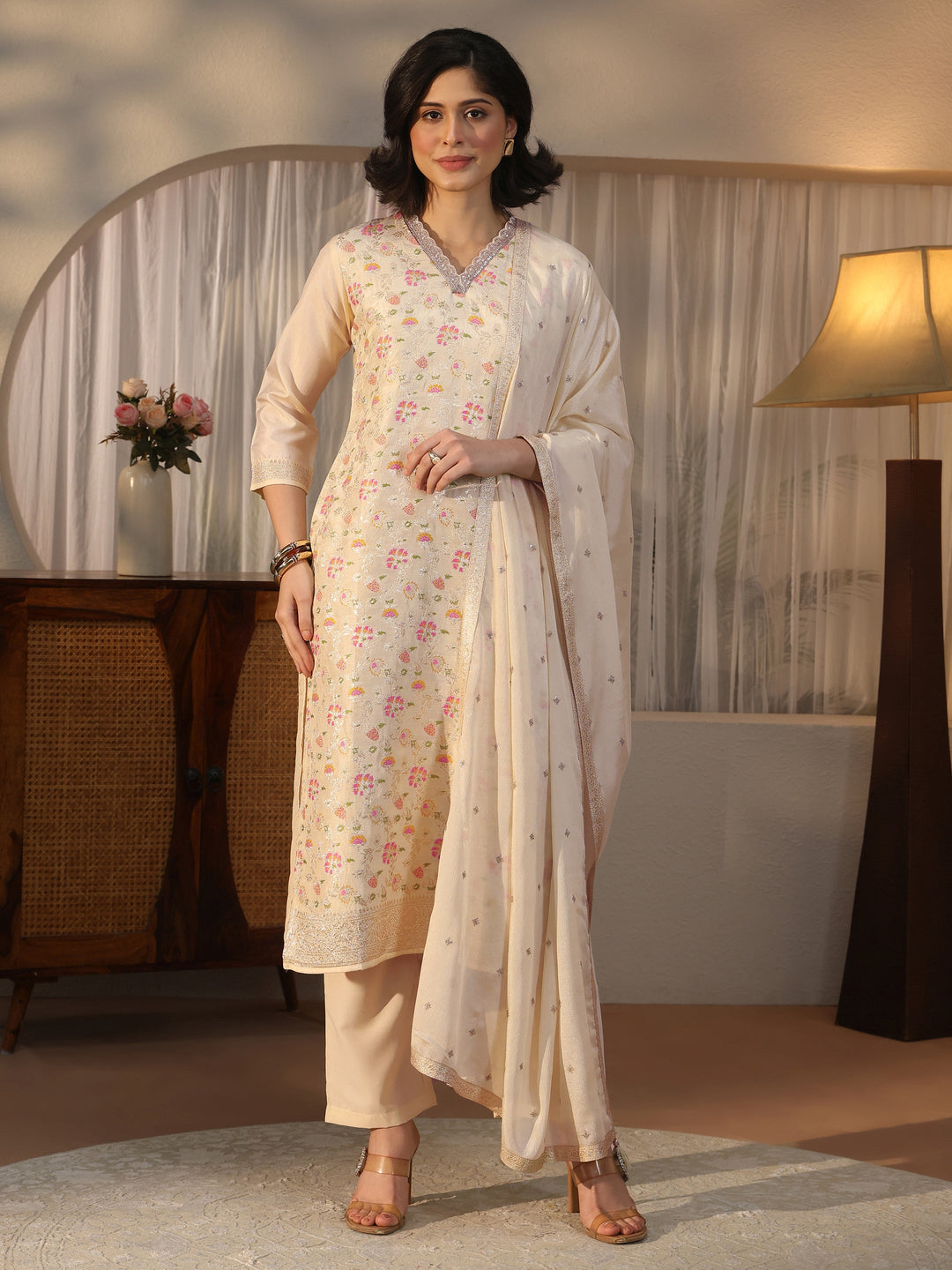 Libas Off White Floral Woven Design Silk Blend Straight Suit Set
