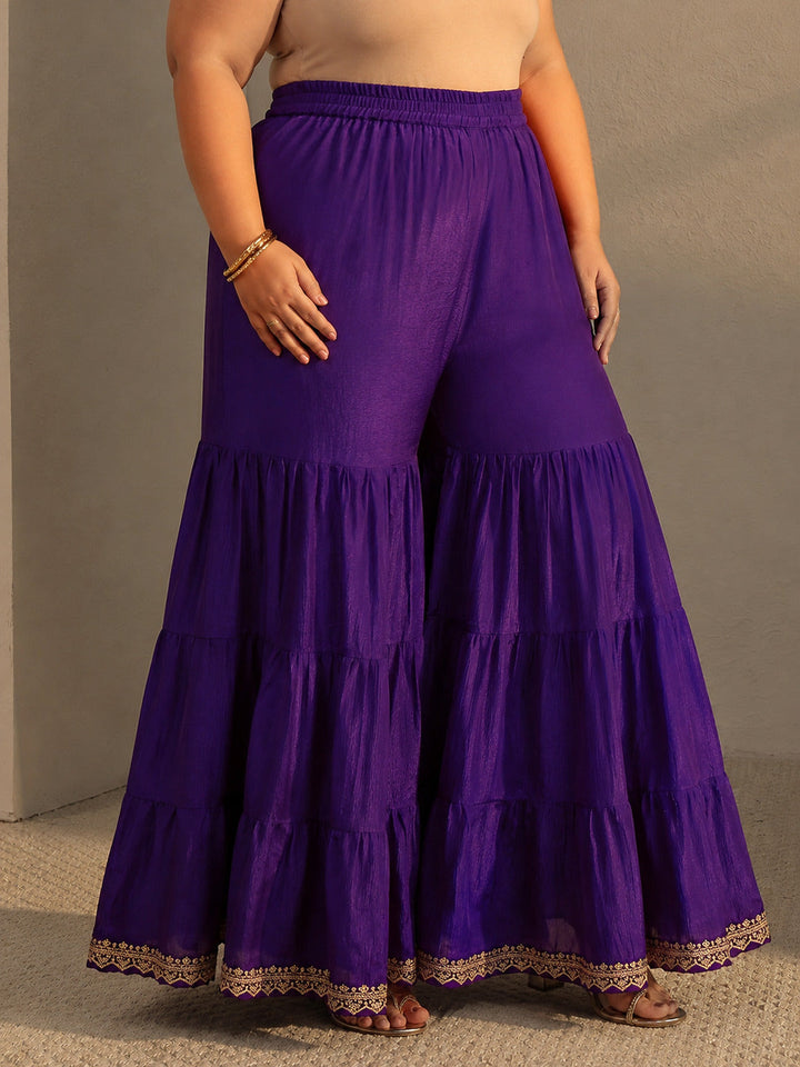 Plus Size Purple Floral Embroidered Chinon Sharara Suit Set With Dupatta