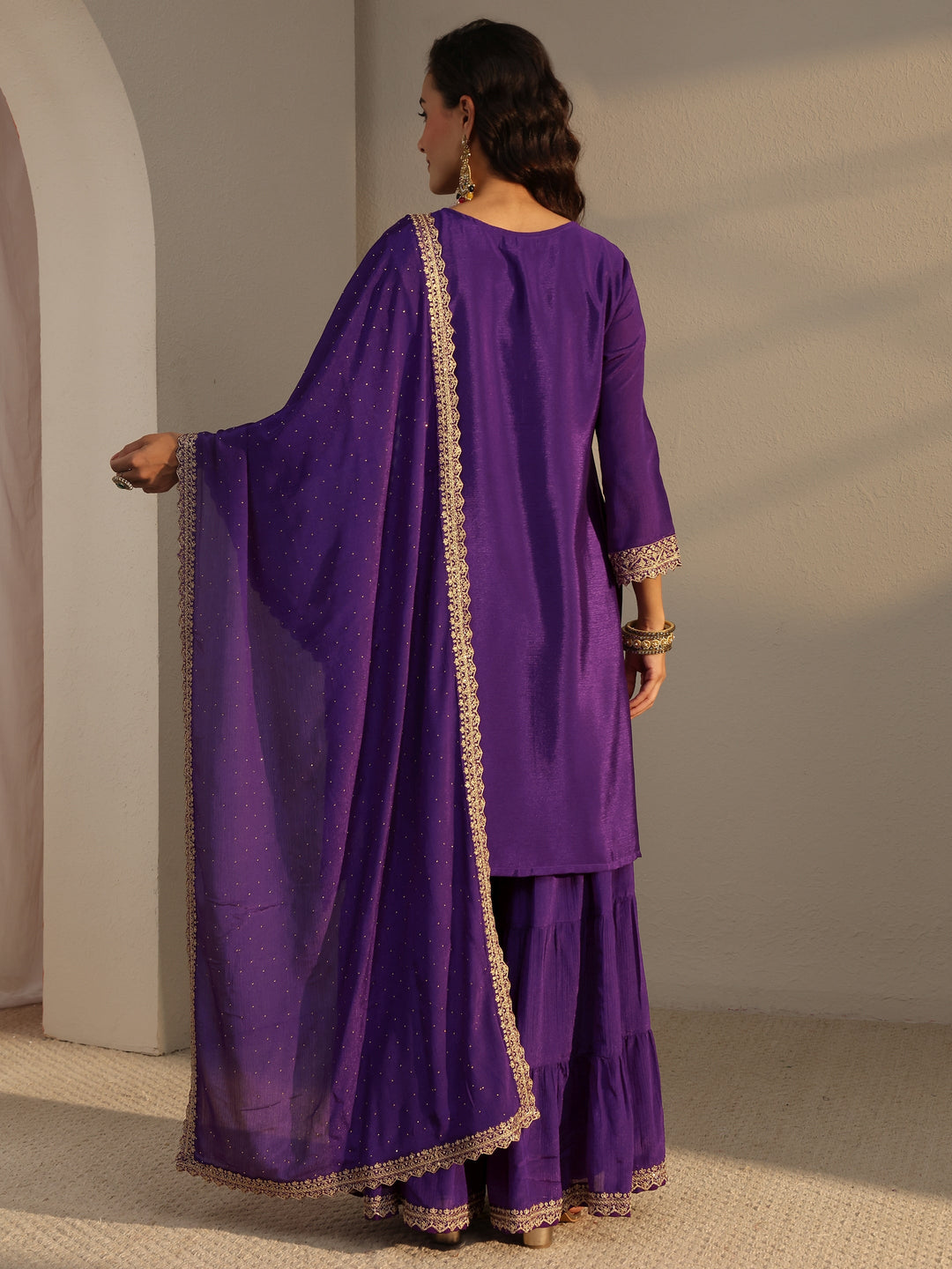 Purple Floral Embroidered Chinon Sharara Suit Set With Dupatta