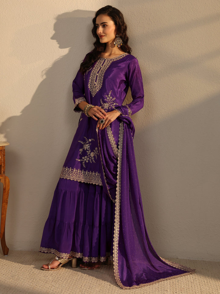 Purple Floral Embroidered Chinon Sharara Suit Set With Dupatta