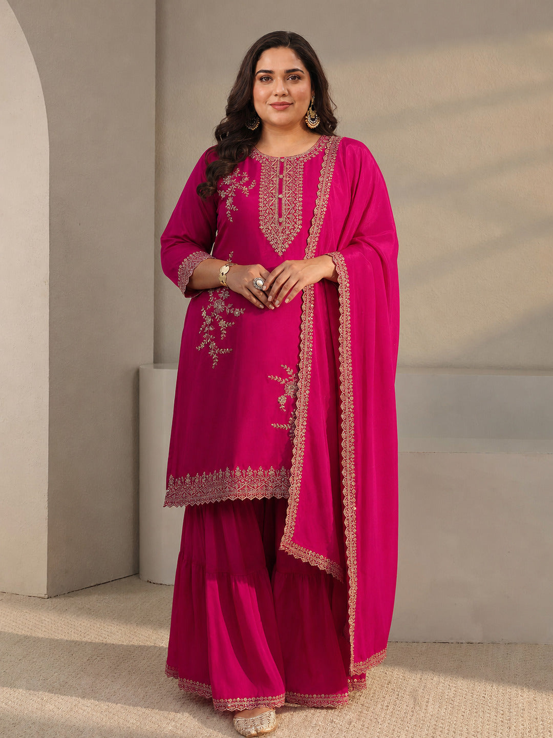 Plus Size Pink Floral Embroidered Chinon Sharara Suit Set With Dupatta
