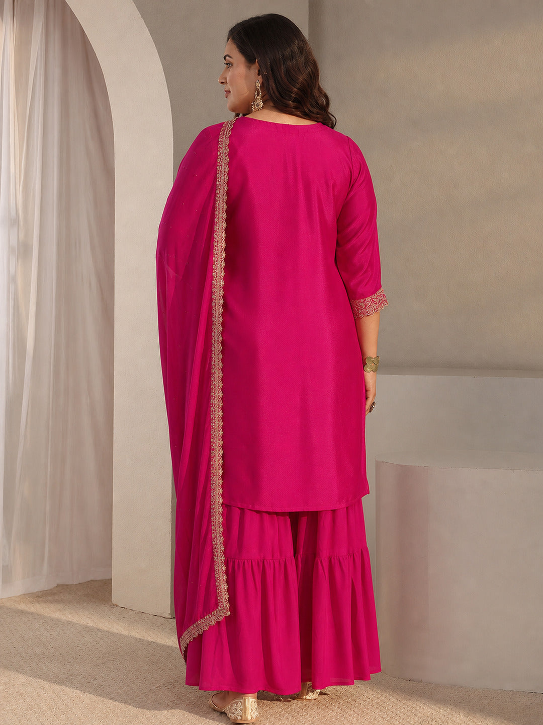 Plus Size Pink Floral Embroidered Chinon Sharara Suit Set With Dupatta