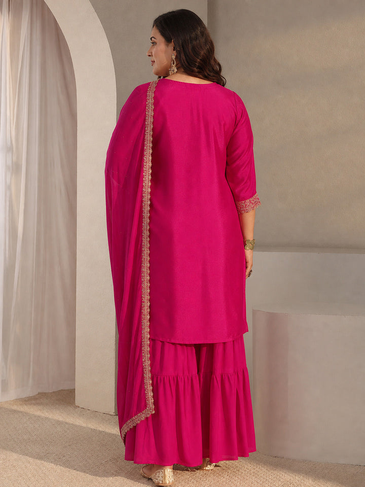 Plus Size Pink Floral Embroidered Chinon Sharara Suit Set With Dupatta