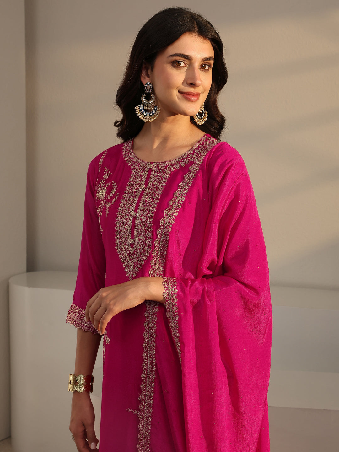 Pink Floral Embroidered Chinon Sharara Suit Set With Dupatta