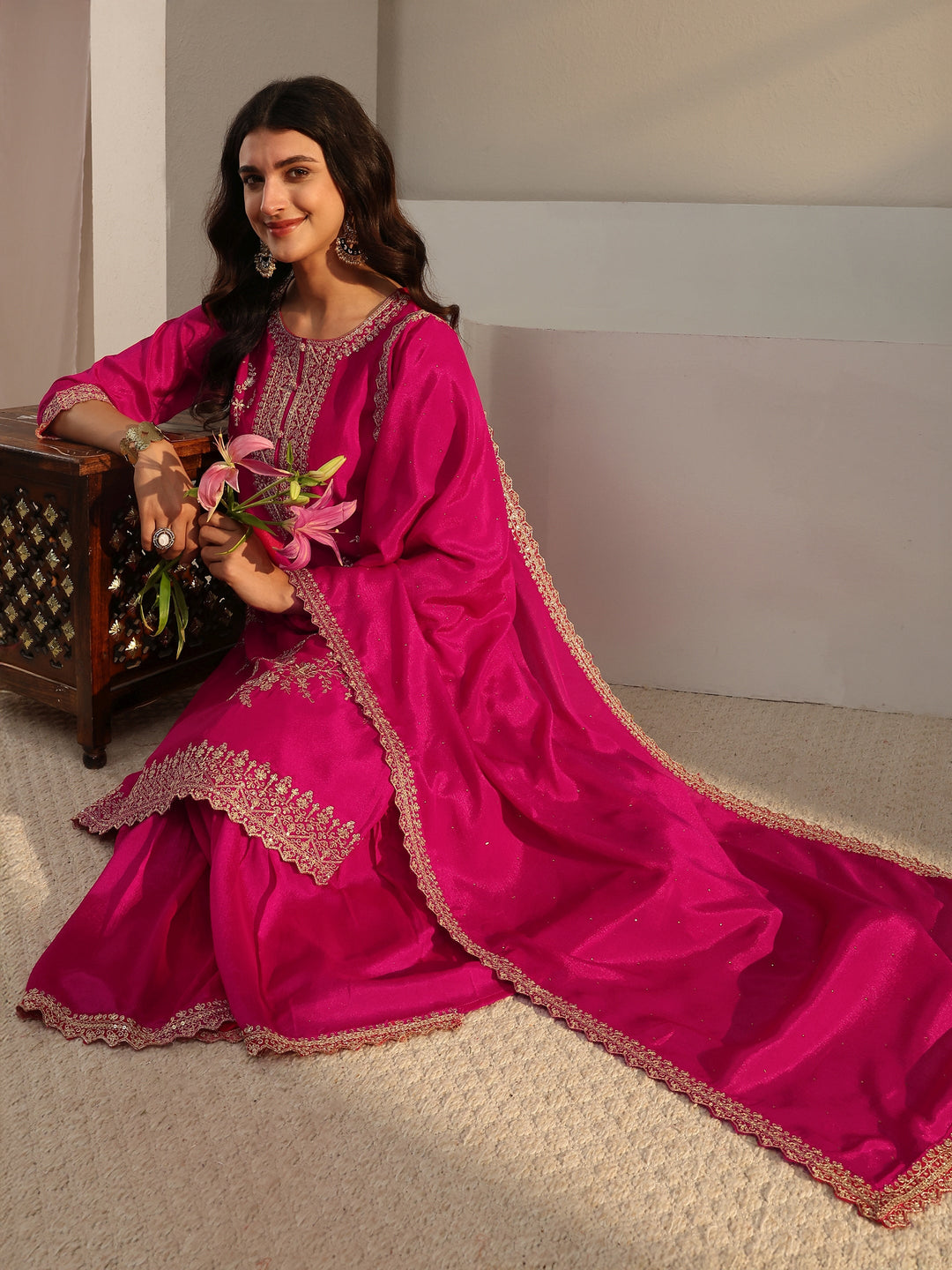 Pink Floral Embroidered Chinon Sharara Suit Set With Dupatta
