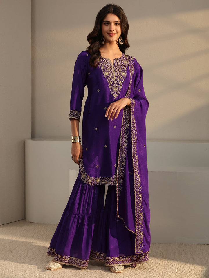 Purple Floral Embroidered Chinon Sharara Suit Set With Dupatta